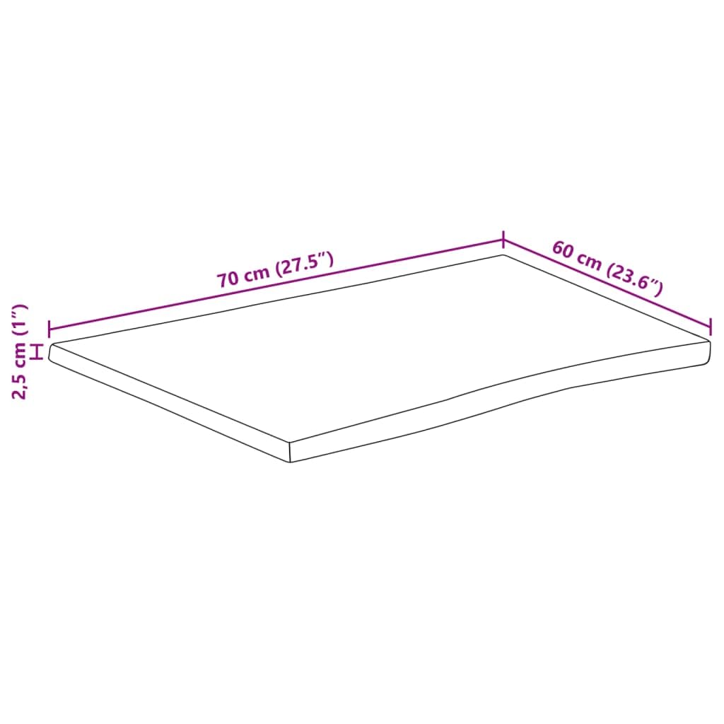 Piano da tavolo in legno massiccio con bordo ad albero, 70 x 60 x 2,5 cm, finitura naturale in legno di mango, piano di lavoro rustico per scrivania e tavolo da pranzo, unico