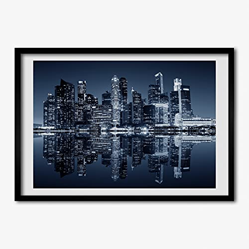 Cadre photo 70x50 cm Tulup en bois MDF avec affiche Singapour de nuit pour décoration murale