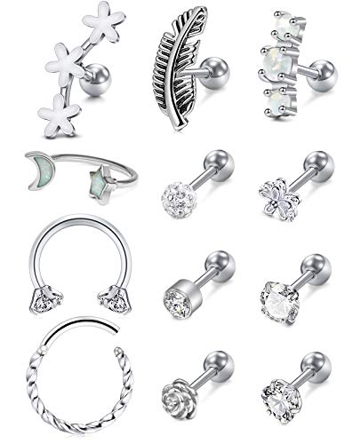 JFORYOU 16G Stainless Steel Cartilage Cubic Zirconia Stud Earrings 12Pcs Conch Forward Helix Tragus Daith Piercing Jewelry for Women Girls