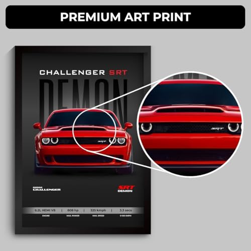 Image of Dodge Challenger Poster | Framed Dodge Challenger SRT Demon A4 Sized (31 x 23 cm) | Posters for Wall, Gift for Boys, Demon Car Frames | Demon Car Poster for Wall, Bedroom, Hostel, Study Room (F 172)