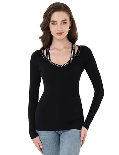 AmélieBoutik Women Rhinestone V Neck Solid Sweater Ribbed Knit Casual Blouse Tops