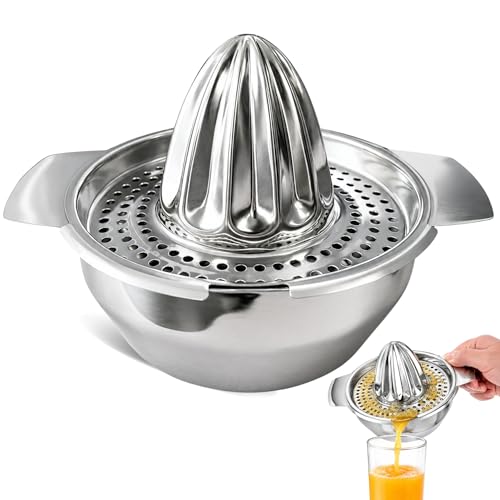 Exprimidor Manual, Exprimidor Naranja, Exprime Limón y Cítricos, Recipiente exprimidor, Utensilio de cocina, Acero Inoxidable 304, Plateado, 300ml