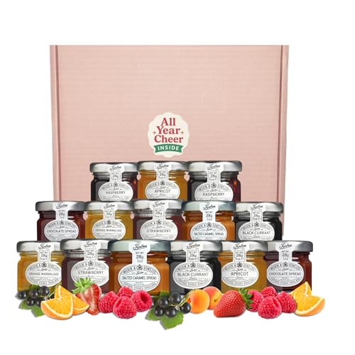 All Year Cheer Mini Jam and Spread Gift Set 14 Assorted Luxury Fruit Jams Marmalade Chocolate and Salted Caramel Pots Raspberry Strawberry Apricot Blackcurrant Letterbox Friendly UK Hamper