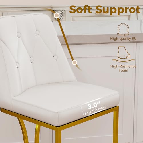 Image of LSSBOUGHT Counter Height Bar Stools Set of 2 24'' Upholstered Padded Barstools with Back Glam Kitchen Island Chairs with Golden Metal Iron Frame (White-Button-Gold Leg, 4PCS)