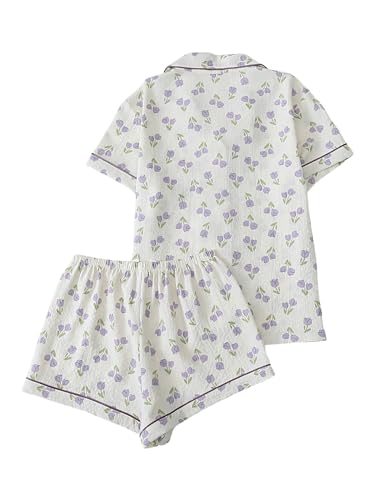 Image of Verdusa Pajamas For Women Set 2 Piece Summer Pajama Sets Cute Pjs Lounge Matching Button Shirt with Shorts Bow Purple Beige Large