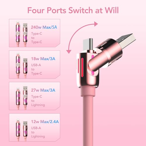 Image of MFish 2-Pack 240W 4-in-1 Multi Charging Cable, Pink+White, 6.6FT