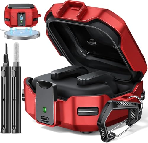 Image of Meyaar Safety Lock Case for Samsung Galaxy Buds 4 Pro /for Galaxy Buds 4 Case (2026) [Compatible with MagSafe] with Cleaning Kit & Keychain, (Red)