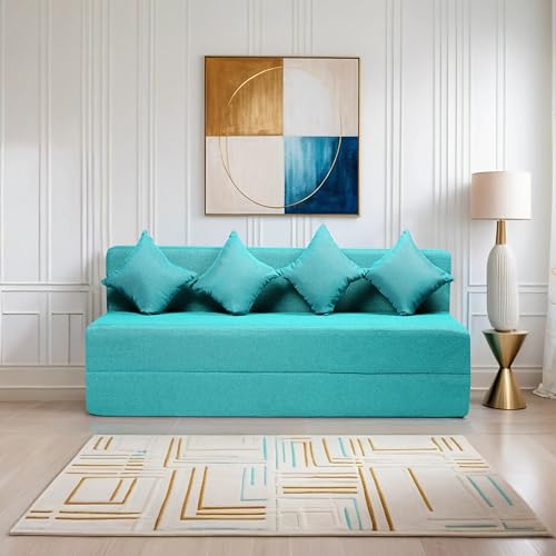 Image of Amazon Brand - Solimo 4 Seater 6 * 6 Jute Fabric Washable Cover Sofa Cum Bed with 4 Cushions 4 Seater Double Foam Fold Out Sofa Cum Bed (Finish Color - Sky Blue Delivery Condition - Pre-Assembled)