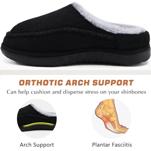 Image of KuaiLu Mens Clog Slippers with Comfy Arch Support Orthotic Plantar Fasciitis Memory Foam Slippers for Men Winter Fluff Faux Fur Slip on Felt Houes Shoes Hard Rubber Sole Black Size 7