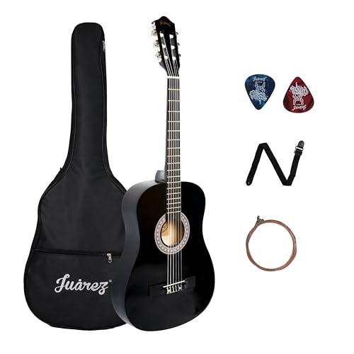 Image of Juarez 38 Inch Classical Guitar with Nylon Strings for Beginners, Finger-Friendly Full Size Guitar Kit with Bag, Picks, Strap & Extra Steel Strings for Upgrade, Black
