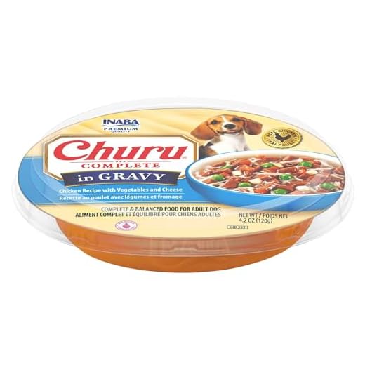 INABA Churu Complete in Gravy for Dogs, Grain-Free, High Protein, Wet Dog Food with Fish Oil, 4.2oz. Cup, 12 Cups, Chicken with Vegetables & Cheese Recipe
