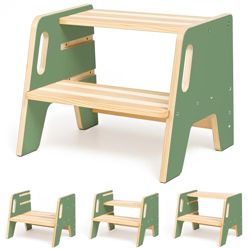 WINGYZ Tritthocker Kinder 2 Stufen aus Holz Zweistufiger Hocker mit 3 verstellbaren Höhen, 2 Griffen & Anti-Rutsch Pads, tragbar Kinderhocker für Badezimmer, Küche & Waschbecken ab 2 Jahren (grün)