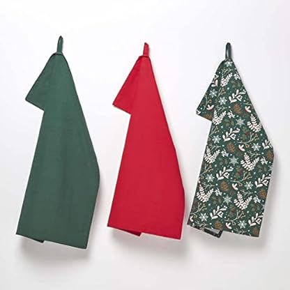 Homescapes 3er-Set Weihnachts-Geschirrtücher Weihnachtswald grün-rot, 3 Küchentücher aus 100% Baumwolle, saugfähige Geschirrhandtücher mit Weihnachts-Dekor