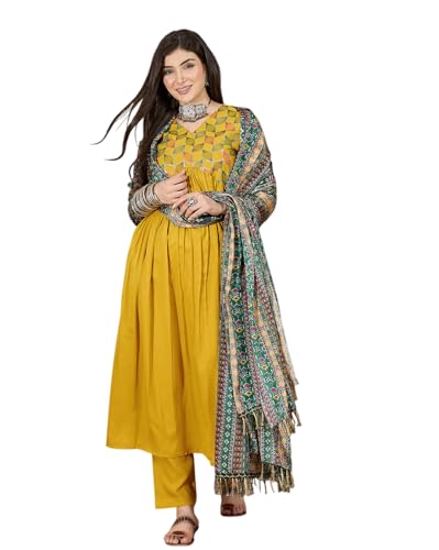 Image of SheWill Women's Mustard American Crepe Zari Sequence Embroidered Alia Cut Kurta with Pant and Dupatta
