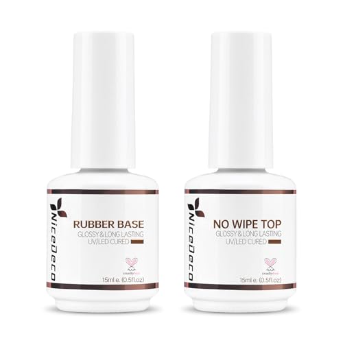 Nicedeco Esmalte de uñas en gel Base de goma y capa superior, 2x15ML Sin toallita Juego de capa superior y capa base Esmalte de uñas de gel transparente U V/LED Larga duración
