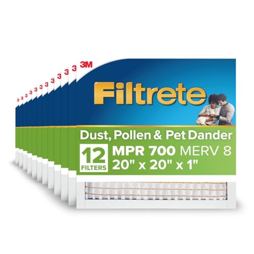 Filtrete 20x20x1 AC Furnace Air Filter MPR 700 MERV 8 Tough on Pollen Easy on Airflow 3-Month Pleated 1-Inch Electrostatic Air Cleaning Filter 12-Pack (Actual Size 19.88 x 19.88 x 0.78 in)