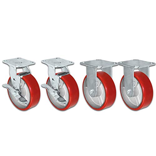 5" X 2" Swivel Caster Heavy Duty Red Polyurethane Wheel on Steel Hub with Brakes (2) and Fixed (2) 4,000lbs Per Set of 4 Tool Box Casters - CasterHQ Brand (5")