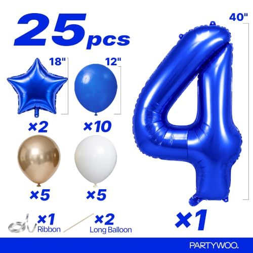 Image of PartyWoo Royal Blue Number 4 Balloon 40 Inch 25pcs Blue Star White Gold