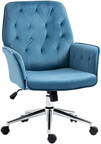 Vinsetto Modern Mid-Back Tufted Velvet Home Office Desk Chair with Adjustable Height, Swivel Adjustable Task Chair with Padded Armrests, Blue