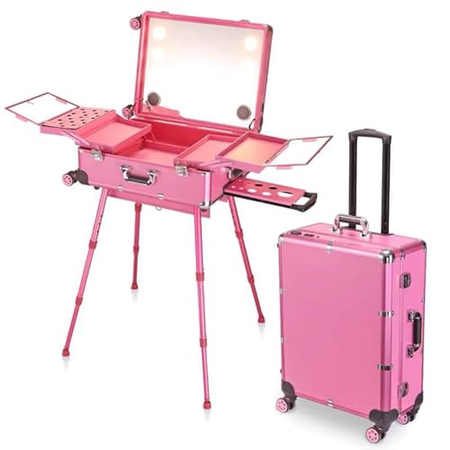 GrnArt ロ用メイクボックス 鏡付き LEDライト 化粧箱 キャスターが4個付属しています3色光源 ミニドレッサー プロフェッショナル3 in 1ロック可能なアルミニウムメイクアップケース ビューティーサロンや旅行用 (D)