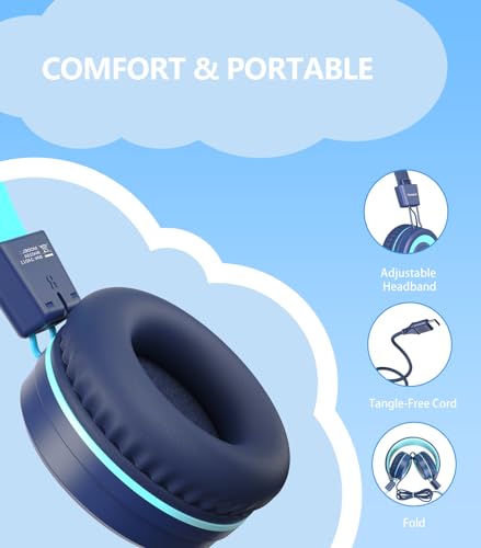 undefined Bywulanda Upgrade USB Type C Kids Headphone for School, 94dB Safe Volume Limited, HD Stereo Sound, Foldable Lightweight On-Ear Headphones for Boys/Girls/Students/Tablet/Travel (Dark Blue) の商品画像 5