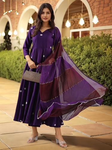 Image of ANNI Designer Women's Rayon Viscose Anarkali Embroidered Kurta with Pant & Dupatta