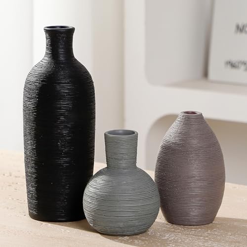 Ceramic Vases Set of 3 Home Decor Vases Modern Rustic Farmhouse Pottery Decorative Flower Vase for Pampas Grass Dried Fresh Flowers, Living Room, Table Centerpiece, Shelf, Mantel (Multicolor Black)