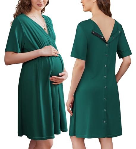 Image of Ekouaer Labor and Delivery Gown for Hospital Short Sleeve Maternity Nursing Dress Nightgown with Button S-XXL