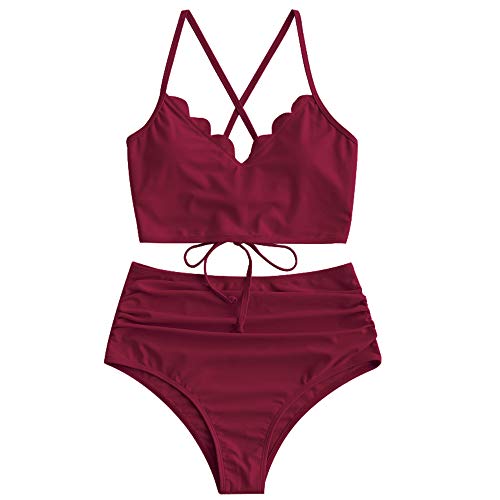 ZAFUL Women's Ruched High Waisted Tankini Swimsuit Criss Cross Bikini Set Tummy Control Bathing Suit