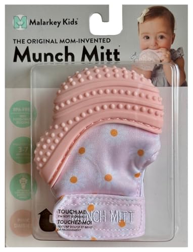 Image of Malarkey Kids Baby Teething Mitten, Munch Mitt Baby Chew Toy - Protects Hands from Chewing & Saliva, Heals Aching Gums, Promotes Sound & Visual Stimulation for Babies Up to 1-Year-Old (Pink Daisies)