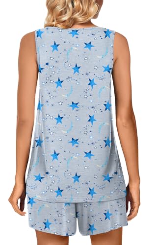 Image of POPYOUNG Pajama Set for Women Summer 2 Piece Lounge Shorts Sets Sleepwear | Womens Pajama Sets Cooling pijamas de mujer for Summer with Pockets Sleeveless Nightwear Outfits Pjs Shorts Set