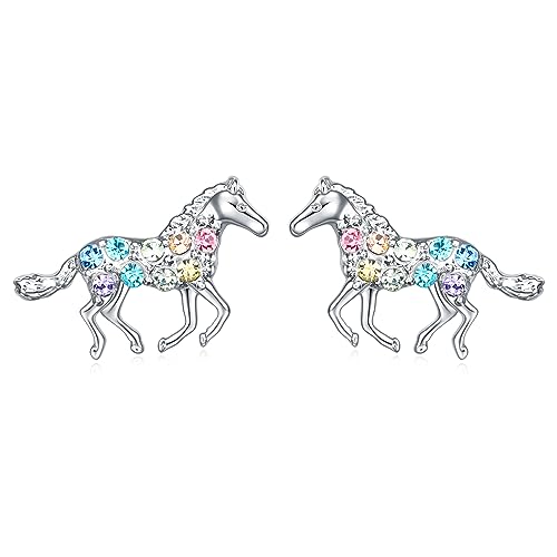 a pair of small metal stud earrings shaped like a running horse