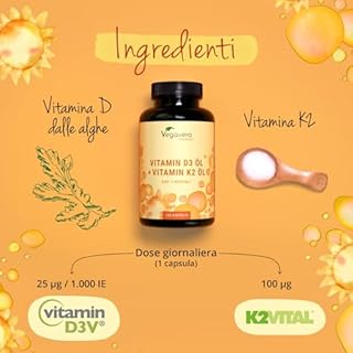 Vitamina D3 + K2 MK7 | VEGAN | Vitamine di Marca dall’Europa | K2 >99% all-trans MK-7 K2VITAL | Alta Biodisponibilità | per Ossa, Denti e Sistema Immunitario | Cruelty Free | Vegavero