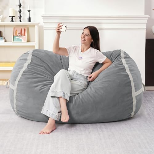 Image of 4FT Bean Bag Chair 4'Big Bean Bag Chairs with Adults, Large Beanbag Chair | Bean bag Lounger with Machine Washable Cover Dutch Velvet Fabric, Comfy Chairs for Living Room, Bedroom, Dorm, Lightgrey