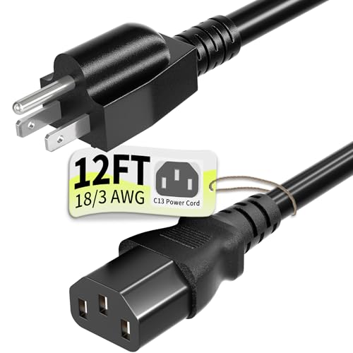 Vockjour 3 Prong AC Power Cord Cable 12ft 10 Amps 125 Volts 18AWG, NEMA 5-15P to C13, Black PC Power Cable for TV, Computer, Monitor, Printer，PlayStation, HP, Dell, Lenovo, Apple, Asus-ETL Listed