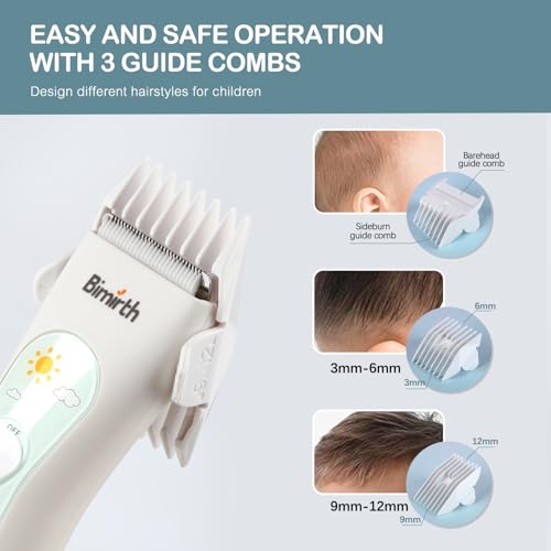 Bimirth Haarschneidemaschine Kinder, Leise Baby Haarschneider, USB Wiederaufladbare Wasserdicht Baby Haartrimmer mit 3 Führungskämme im Beutel zur Einfachen Aufbewahrung (With Bag)