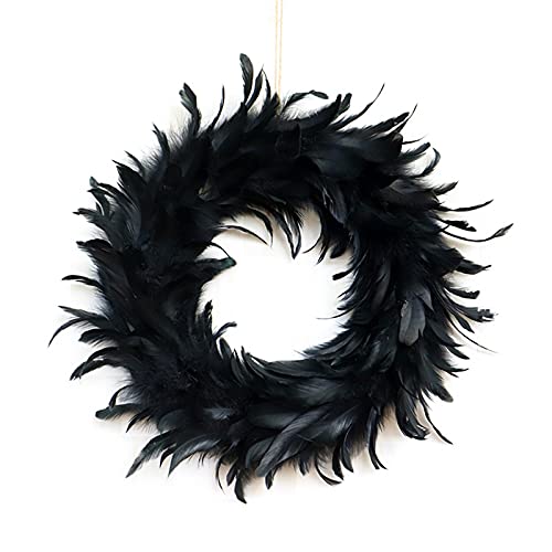 TETHYSUN Federkranz, 39 cm, schwarz, natürliche Cocktail-Federkranz, Haustür-Kranz für Bauernhaus, Wand, Party, Halloween-Dekoration Cover