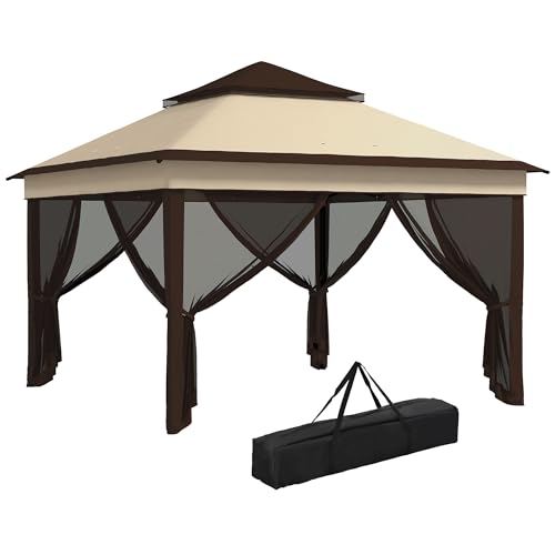 Outsunny Carpa Plegable 3x3x2,7 m Cenador de Jardín con Doble Techo Altura Ajustable 4 Mosquiteras Protección UV30+ Impermeable y Bolsa Gazebo para Exterior Fiestas Camping Beige y Café