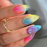 IMRAIN Rainbow Press on Nails Medium Almond Fake Nails Color Ombre Glossy Gel False Nails Full Cover Glitter Glue on Artificial Nails Summer Stick on Acrylic Nails for Women Girls 24Pcs