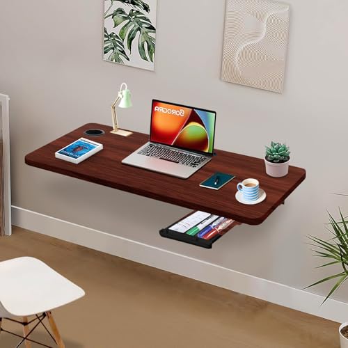 Image of wow craft Wall-Mounted Multipurpose Study Table for Home & Office | Foldable Wooden Desk with Drawer, Cable Slot & Cup Holder | Space Saving Workstation (Brownn)