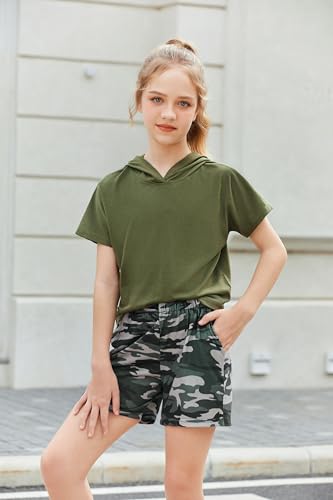 Image of Girls Summer Outfits Kids Hooded-Shirts and Elastic Waist Shorts Sets | short sleeve drop shoulder hooded shirt and shorts with two pockets tie dye leopard letter