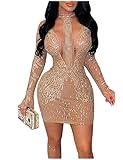 Joukavor Women's Sexy Mesh Glitter Rhinestone Club Mini Dress Long Sleeve Cocktail Evening Party Body con See Through Dresses (Gold,X-Large)