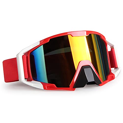 Dirt Bike Motorcycle Goggles ATV Motocross Goggles Racing Riding Offroad MX OTG Goggles Windproof Dustproof Ski Goggles Protective Safety Goggles Glasses(Red White Frame + Color Lens)