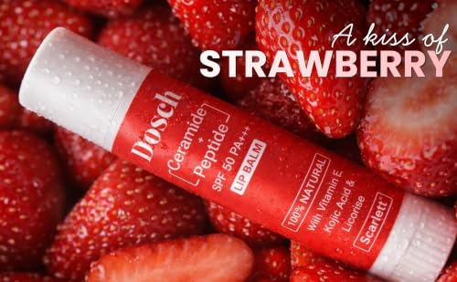 Image of DOSCH Tinted Lip Balm SPF 50 PA+++ - Scarlet | 2% Peptides, 2% Ceramides & 10% Natural Squalane | With Vitamin E | Brightening Lip Balm for Dark, Pigmented & Chapped Lips | 5 g | 24H Moisturization & Hydration | Kojic Acid & Licorice | For Women