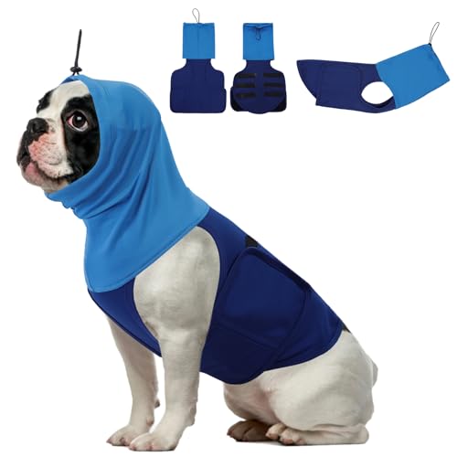 Image of SAWMONG Dog Anxiety Vest, Breathable Calming Shirt Adjustable Chest & Hood for Dogs, Pet Stress Relief Calming Coat Wraps Ears for Noise, Thunderstorms, Fireworks and Separation Puppy(Blue, Small)