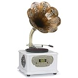 Plattenspieler Grammophon Tonograph Retro-Plattenspieler mit drahtlosem Bluetooth 4.0-Lautsprecher, Kupferhorn, 3,5-mm-AUX-Eingang/USB/FM, tolles Sammlungsgeschenk für Familie und Freunde