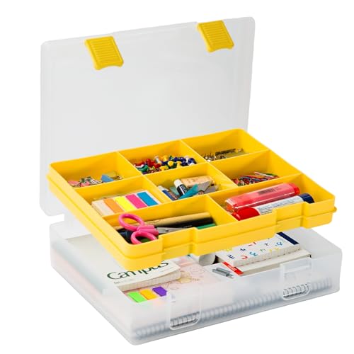 Image of OffiXymeric Plastic Storage Bin with Clear Lid and Removable Tray, Perfect for Craft Supplies, Art Tools,Beads, Stackable Organizer with Portable Handle, Durable Design for Home or Office Use（Yellow）