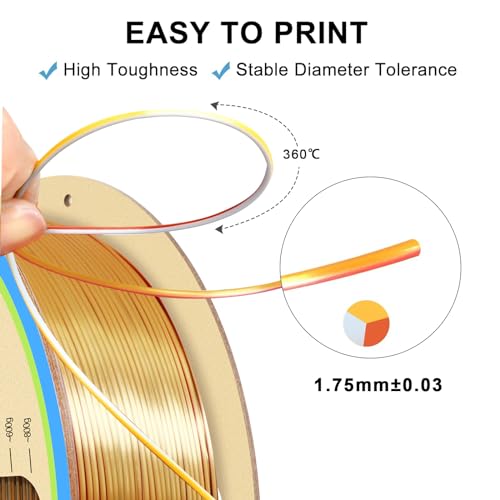Image of YOUSU PLA Filament1.75mm, Triple Color Coextrusion Silk 3D Printer Filament 1.75mm for 3D Printer & 3D Pen, Multicolor PLA Rainbow Filament, 1kg(2.2lbs) Silk PLA Gold Silver Copper.