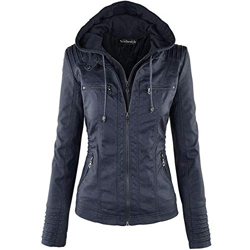 Newbestyle Veste Cuir Femme Fermeture Éclair Manteaux à Capuche Court Veste Blousons femme,dark blue,M