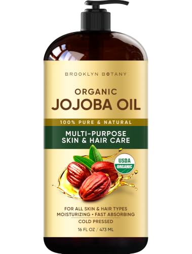 Brooklyn Botany Cold-Pressed Organic Jojoba Oil | 16 Fl Oz | Hair | Face | Body | 100% Pure and Natural | Carrier Oil | Aromatherapy | Massage | Ayurvedic Hair Care | Hexane-Free